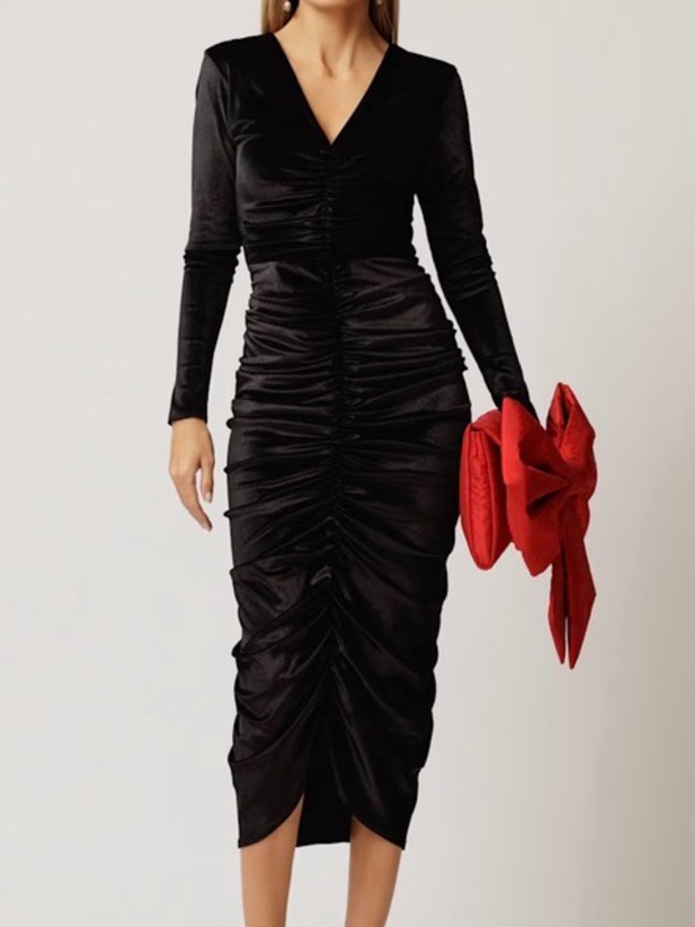 SHEIN Black Ruched V-Neck Long Sleeve Midi Dress